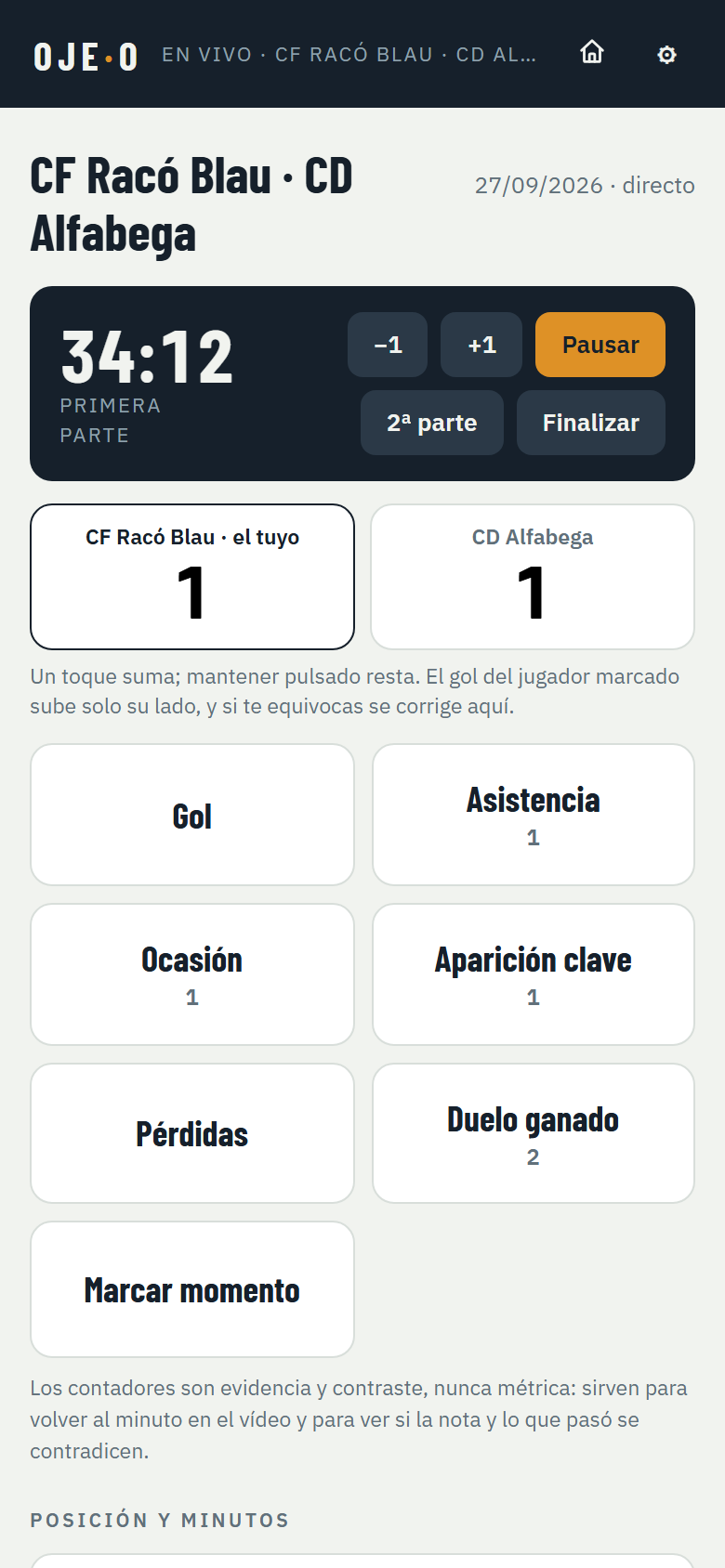 Pantalla de captura en vivo de OJE·O: reloj de partido en el minuto 34, marcador del encuentro y rejilla de acciones con sus contadores.